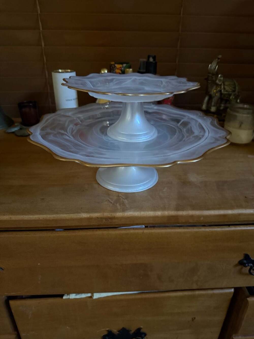 Vintage Alabaster Swirl Glass Pedestal Cake Stands (2)